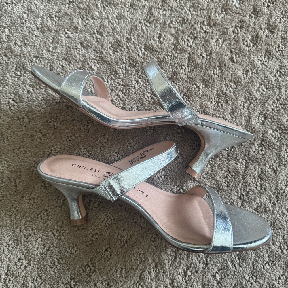 Chinese Laundry Silver Two-Strap Kitten Heel Sandals